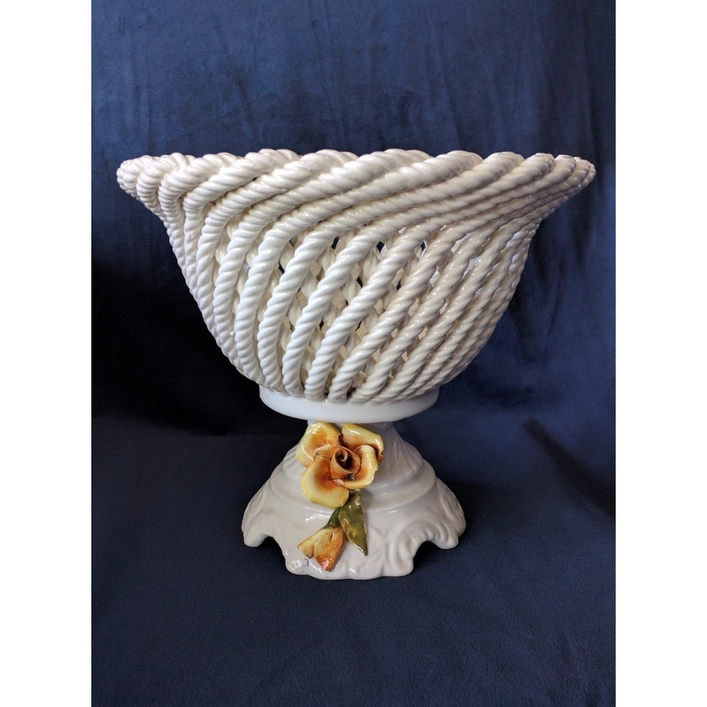 Vintage Porcelain Woven Basket With Flowers Made in Italy